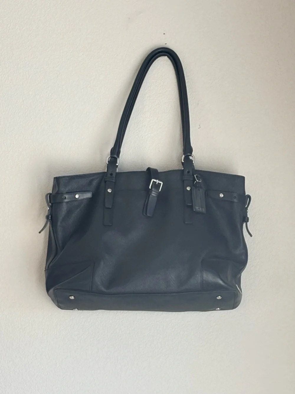 Tumi Black Leather Tote Bag Large Work Travel Shoulder Bag Laptop